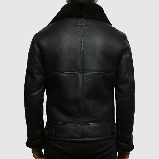 Men's Black Aviator B3 Shearling Sheepskin Leather Jacket