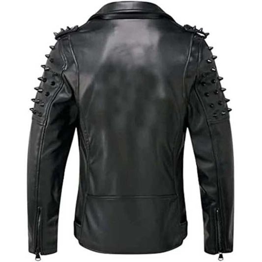 Mens Black Brando Studded Spike Leather Jacket