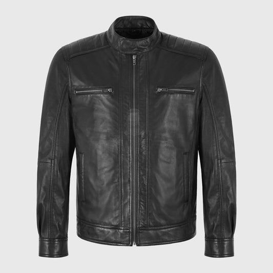 Men's Black Cafe Racer Moto Leather Jacket Men's Black Cafe Racer Moto Jacket - Classic Biker Style!