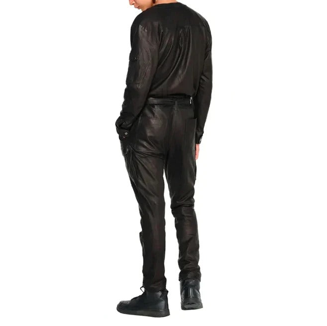 Men's Black Cargo Style Leather Jumpsuit