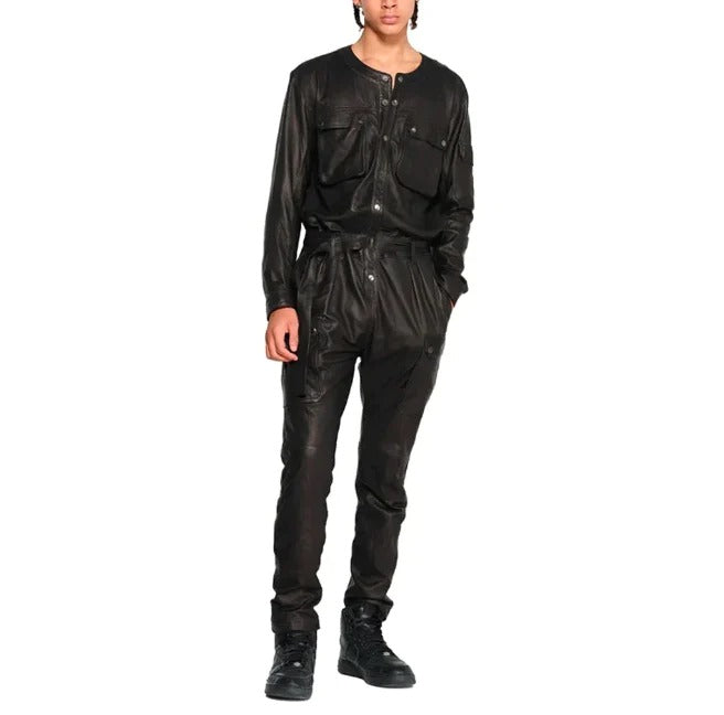 Men's Black Cargo Style Leather Jumpsuit