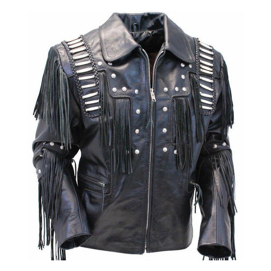 Men's Black Cowhide Leather Jacket with Cowboy Fringes and Beads Men's Black Cowhide Leather Jacket with Cowboy Fringes and Beads