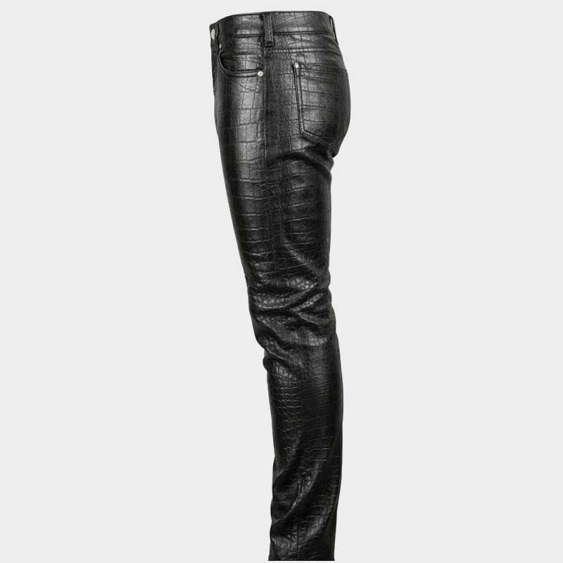 Men's luxury crocodile embossed leather pants side profile view by Jackets Kingdom