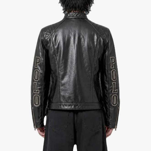 Black leather motorcycle jacket with quilted shoulder panels