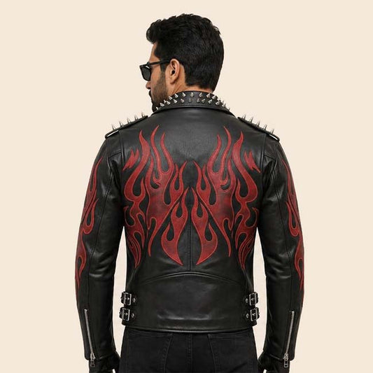Men's black leather biker jacket with bold flame design and front zipper