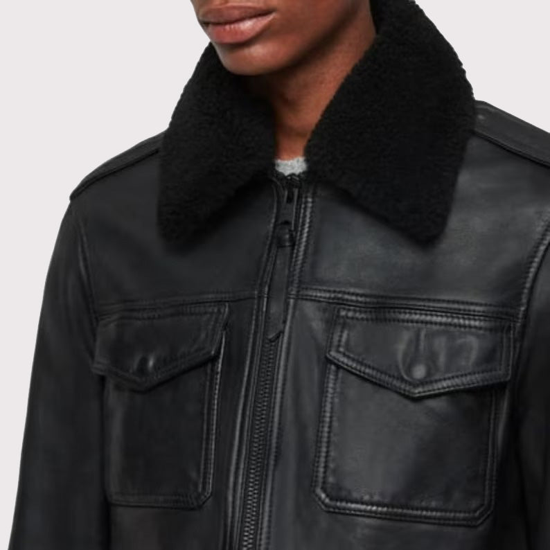 Men's Black Genuine Leather Bomber Jacket - Air Force Pilot Style