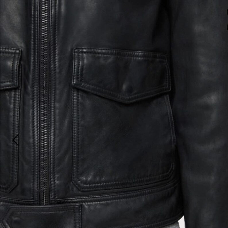 Men's Black Genuine Leather Bomber Jacket - Air Force Pilot Style