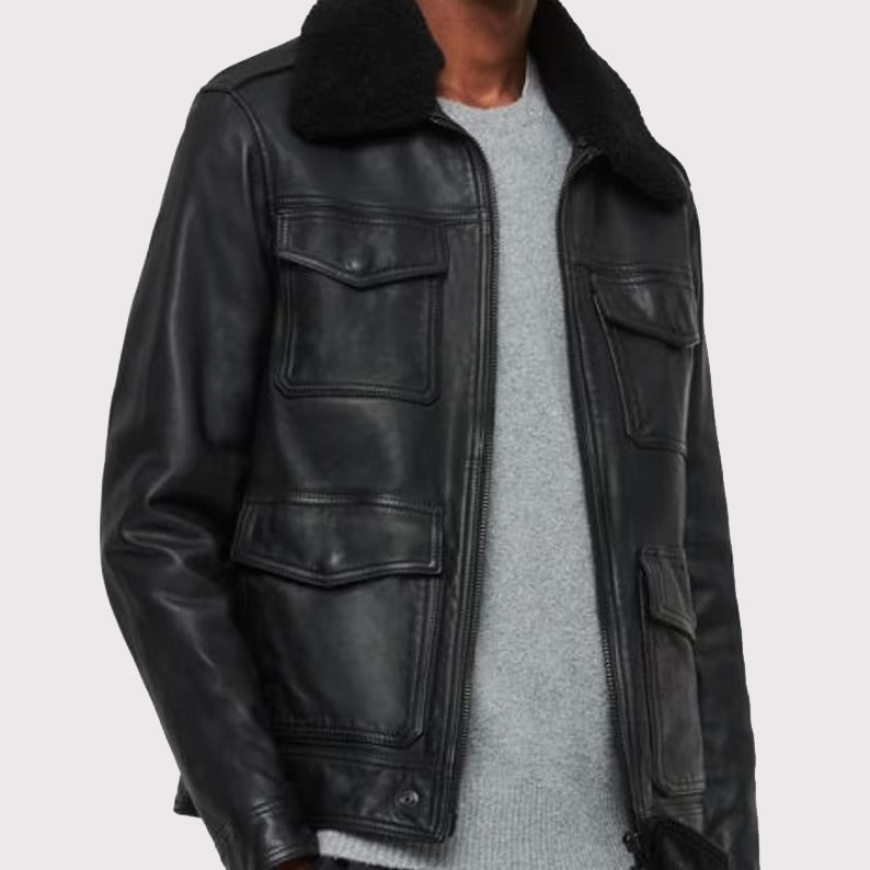 Men's Black Genuine Leather Bomber Jacket - Air Force Pilot Style