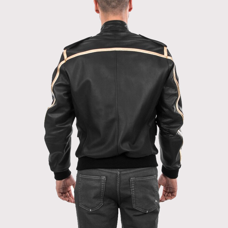 Men's Black & Gold Lamb Leather Bomber Jacket