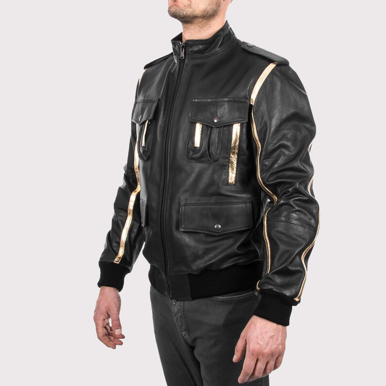 Men's Black & Gold Lamb Leather Bomber Jacket