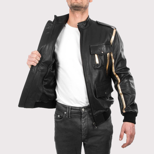 Men's Black & Gold Lamb Leather Bomber Jacket