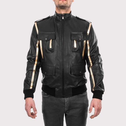 Men's Black & Gold Genuine Lamb Leather Bomber Jacket Men's Black & Gold Lamb Leather Bomber Jacket