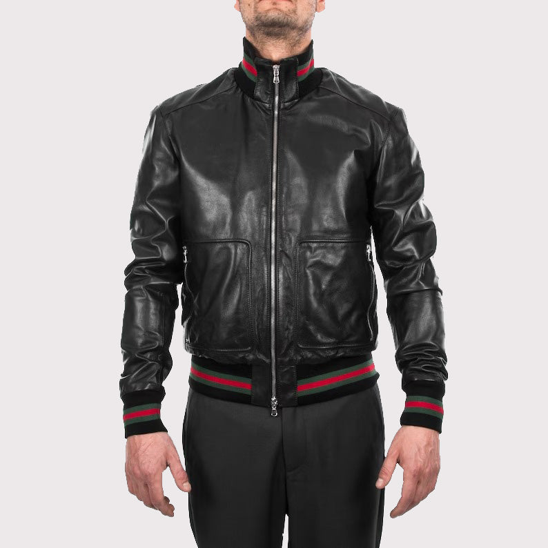 Men's Black Lambskin Bomber Jacket