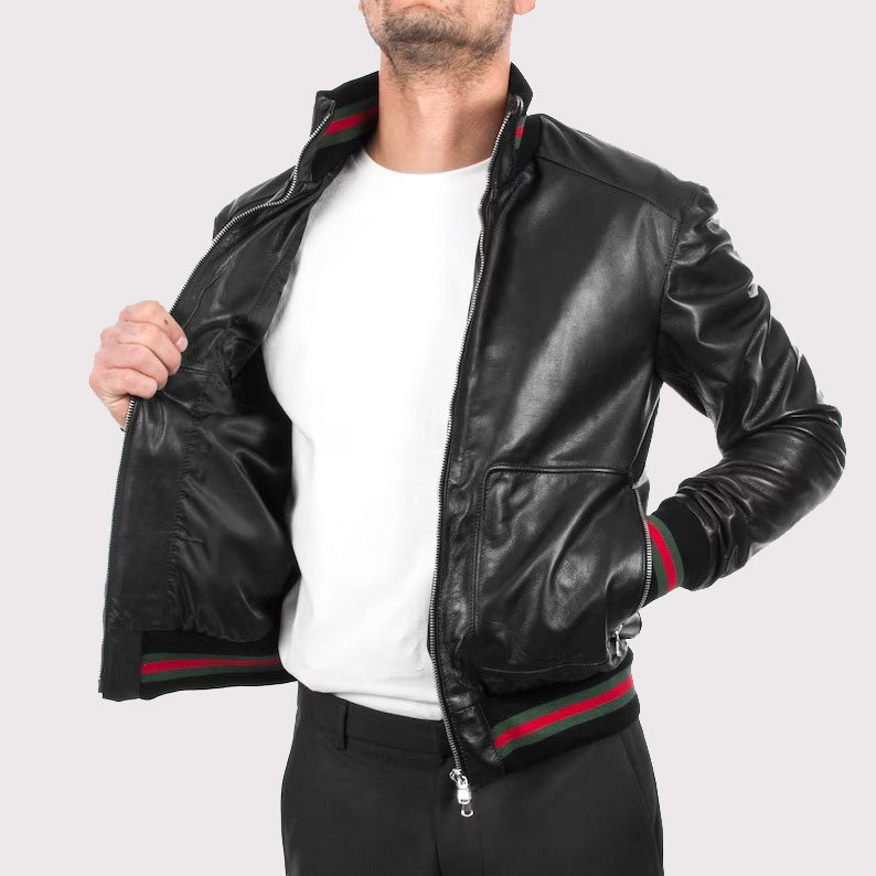 Men's Black Lambskin Bomber Jacket