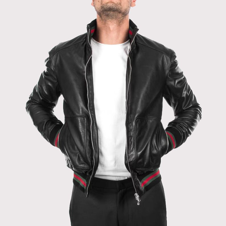 Men's Black Lambskin Bomber Jacket
