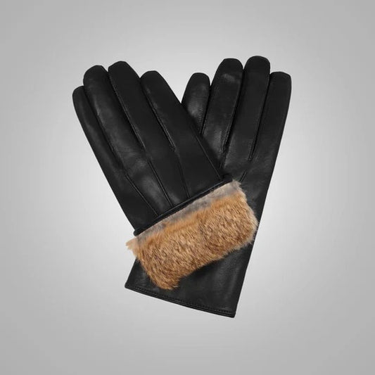 Men's Black Lambskin Leather Gloves with Brown Fur Lining Men's Black Lambskin Leather Gloves with Brown Fur Lining