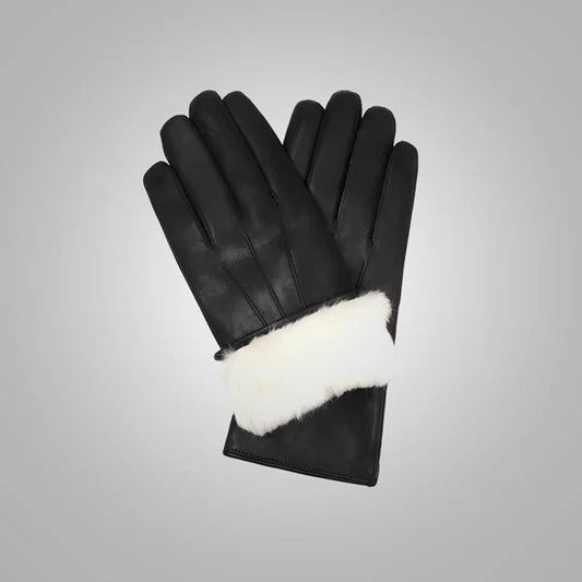 Men's Black Lambskin Leather Gloves with White Fur Lining Men's Black Lambskin Leather Gloves with White Fur Lining