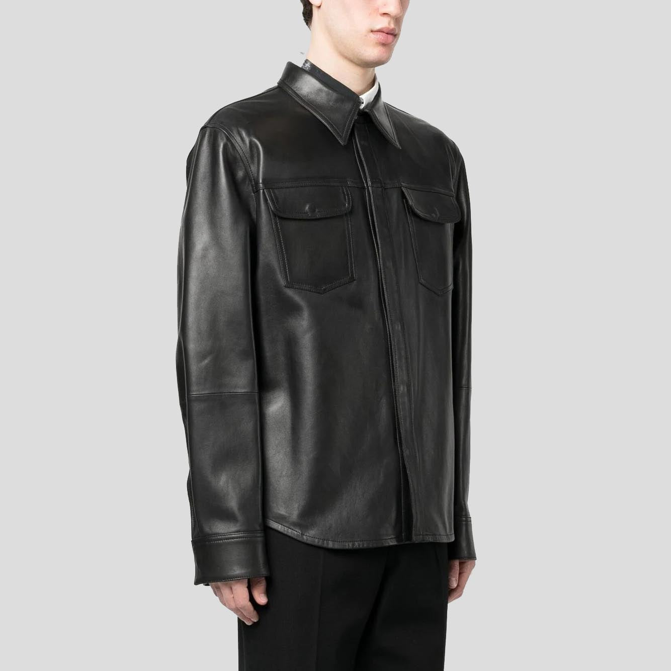 Men's Black Lambskin Leather Shirt with Chest Pocket