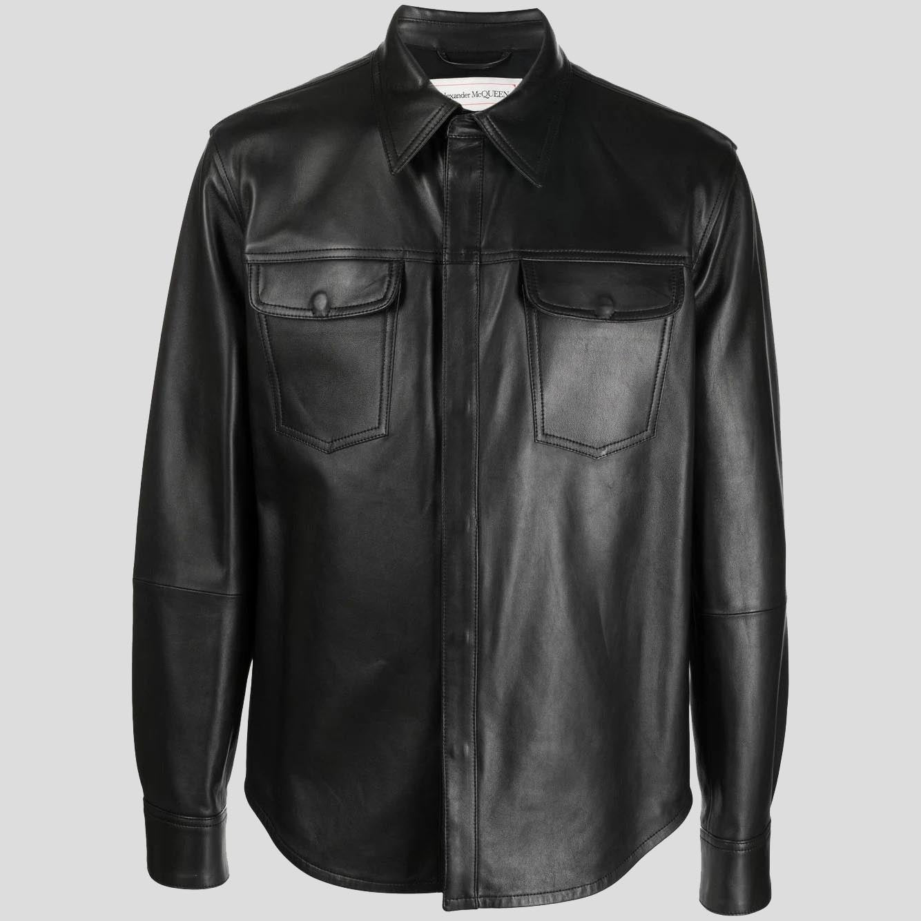 Men's Black Lambskin Leather Shirt with Chest Pocket