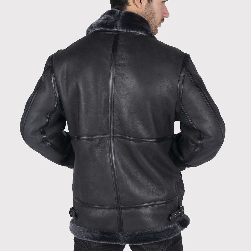 Men's Black Sheepskin Leather B3 Flying Aviator Jacket with Grey Fur Lining