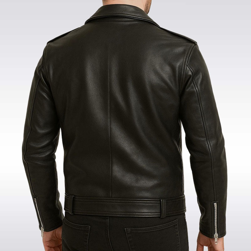 Men’s Black Real Leather Biker Jacket with Asymmetrical Zipper