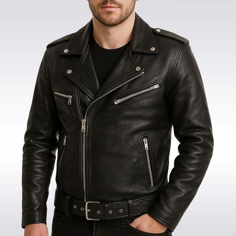 Men’s Black Real Leather Biker Jacket with Asymmetrical Zipper