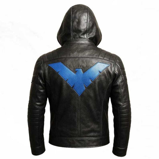 Hooded black leather motorcycle jacket with bold blue back emblem for men by Jackets Kingdom