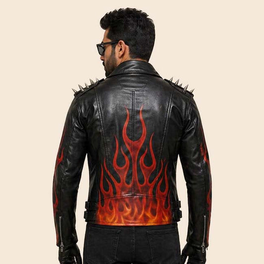 Gothic punk rock biker jacket with flame artwork and metal spikes