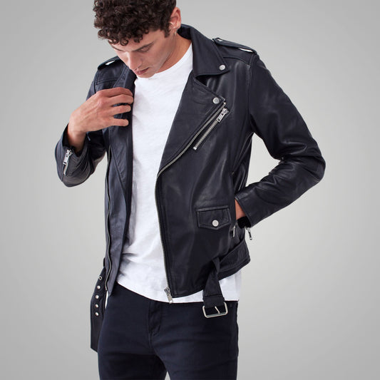 Men's Black Leather Biker Jacket - JK Men's Black Leather Biker Jacket