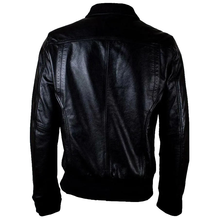 Men's Black Leather Bomber Jacket with 6 Front Pockets