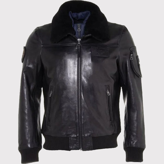 Men's Black Leather Bomber Jacket with Fur Collar Classic Black Leather Bomber Jacket with Fur Collar