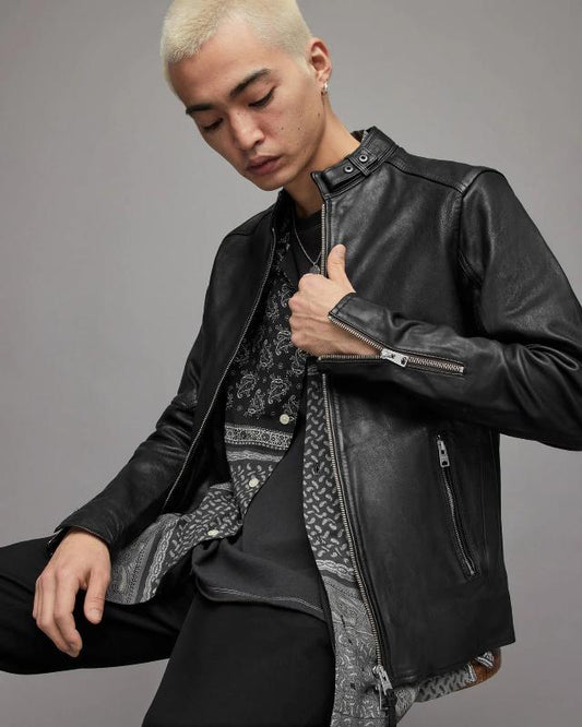 Men's Black Leather Harrington Jacket with Band Collar and Snap Button Men's Black Leather Harrington Jacket with Band Collar and Snap Button