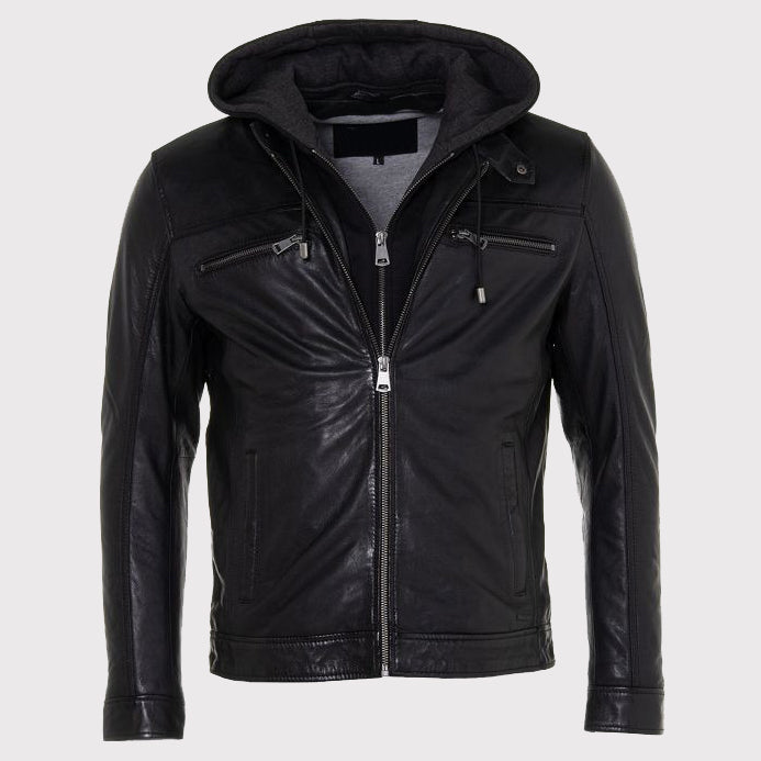 Men's Black Leather Jacket with Detachable Hood