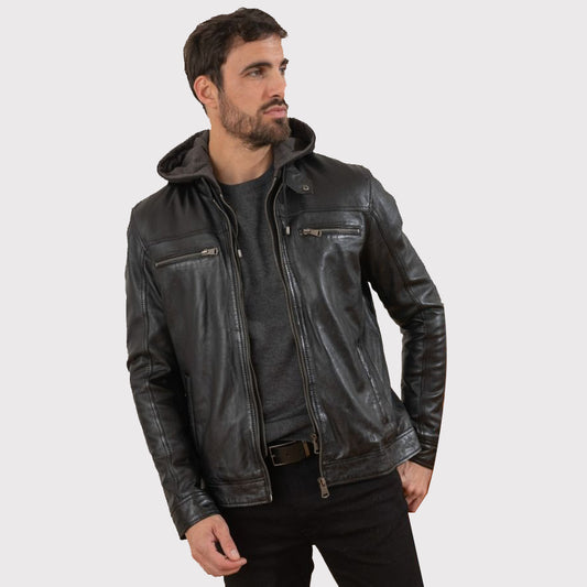Men's Black Leather Jacket with Detachable Hood Men's Black Leather Jacket with Detachable Hood