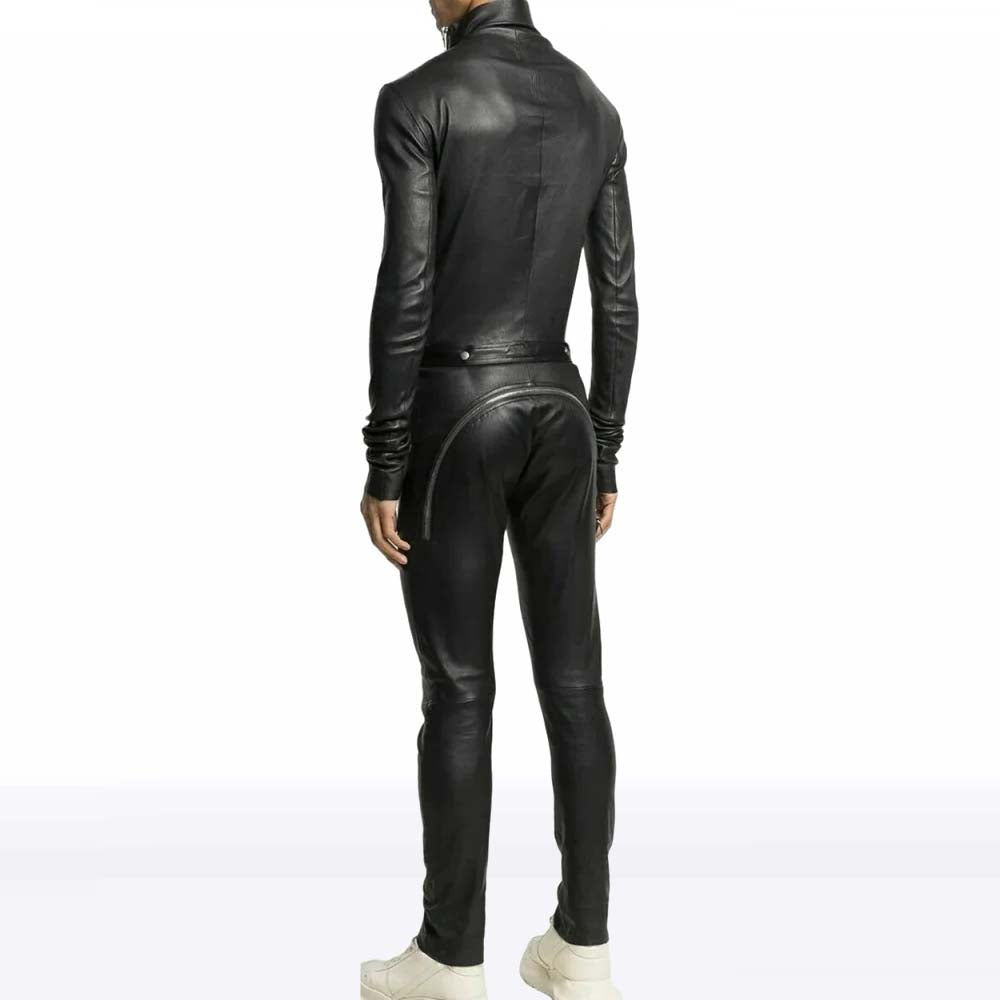 Men’s Black Leather Jumpsuit with Asymmetric Zipper – Overall Fit