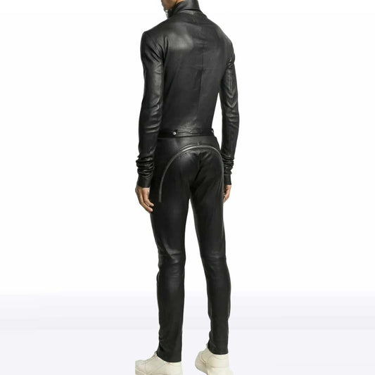 Men’s Black Leather Jumpsuit with Asymmetric Zipper – Overall Fit