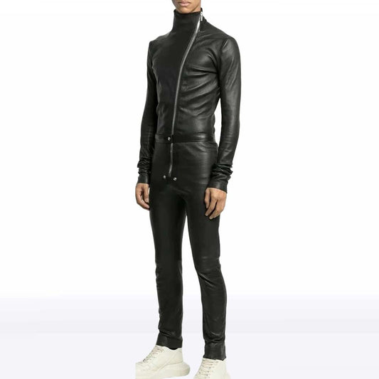 Men’s Black Leather Jumpsuit with Asymmetric Zipper – Overall Fit Men’s Black Leather Jumpsuit with Asymmetric Zipper – Overall Fit