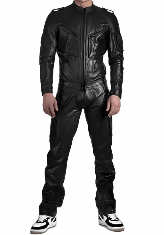Men's Black Leather Jumpsuit with Straps Men's Black Leather Jumpsuit with Straps