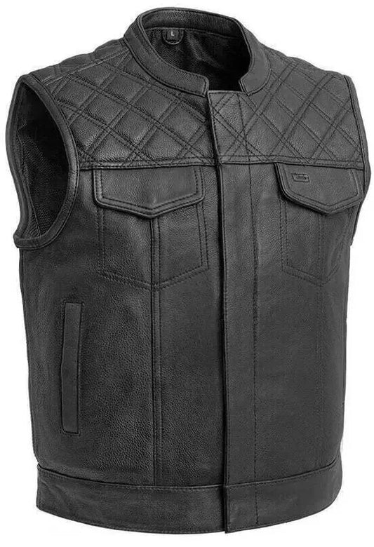Men's Black Leather Motorcycle Vest with Diamond Stitch Men's Black Leather Motorcycle Vest with Diamond Stitch