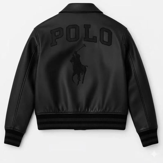 Black leather biker jacket with varsity inspired collar and front zipper closure by Jackets Kingdom