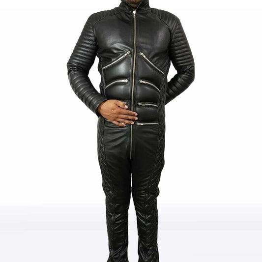 Men’s Black Quilted Leather Biker Jumpsuit