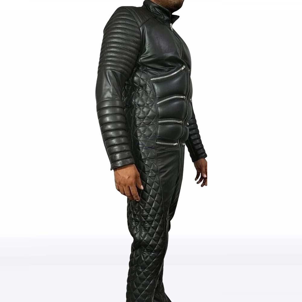 Men’s Black Quilted Leather Biker Jumpsuit