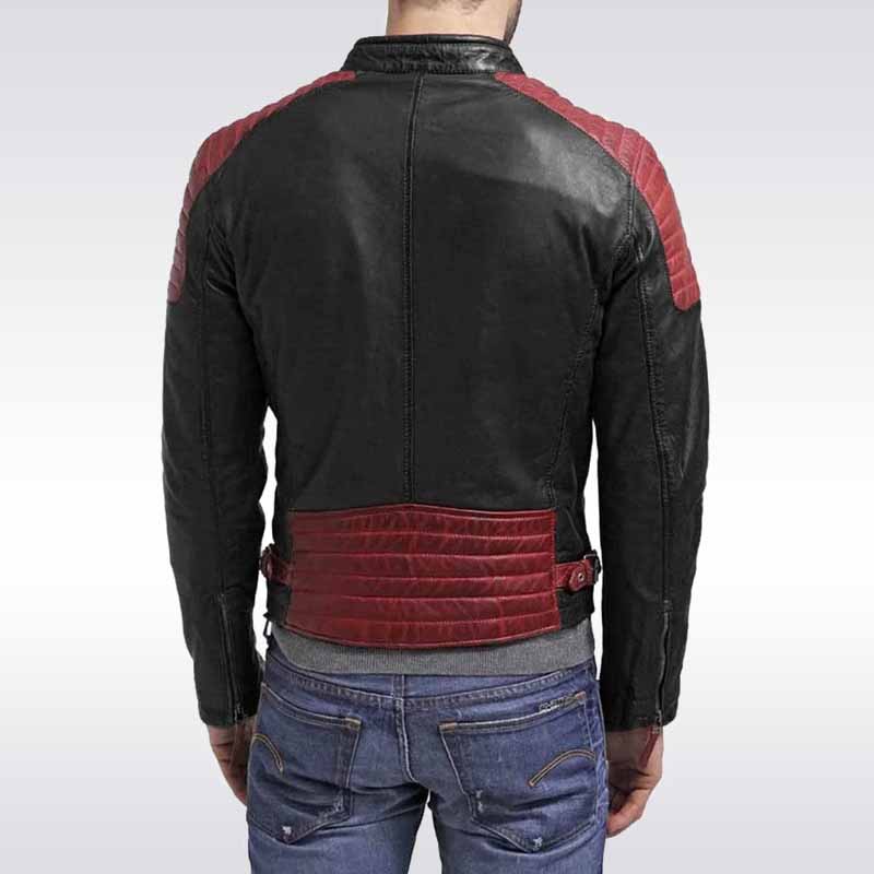 Black leather jacket with red accents