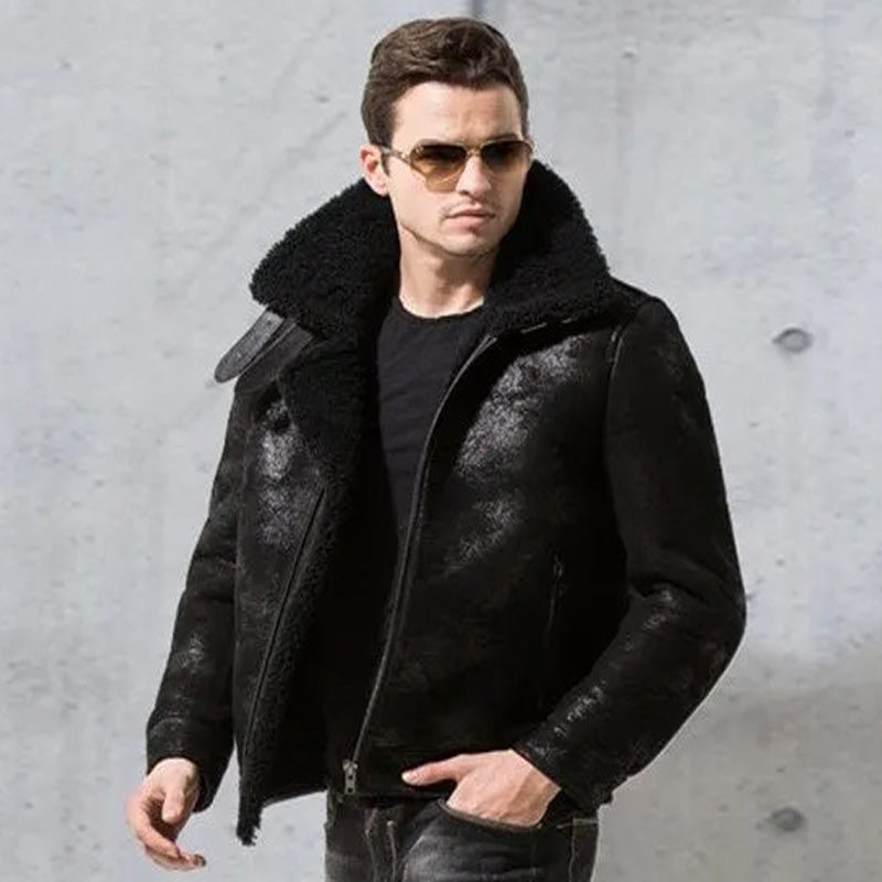 Men's Black Shearling Fur Pilot Jacket