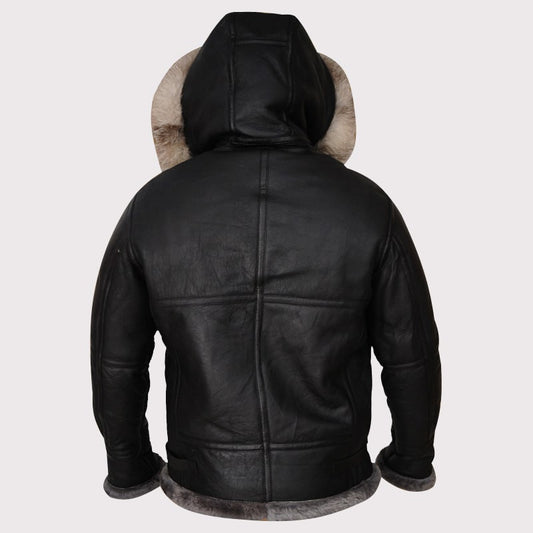 mens black shearling jacket with hoodie