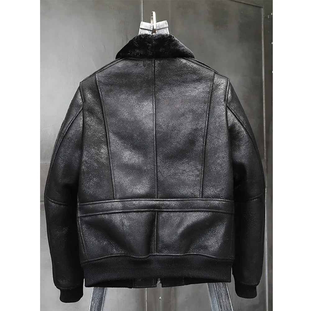 Men's Black Shearling Leather Jacket - Airforce Flight Coat
