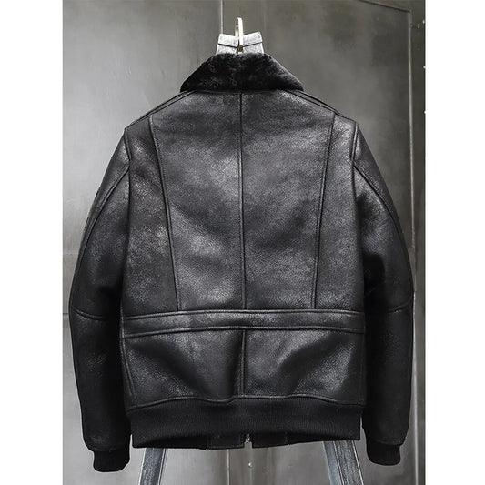 Men's Black Shearling Leather Jacket - Airforce Flight Coat