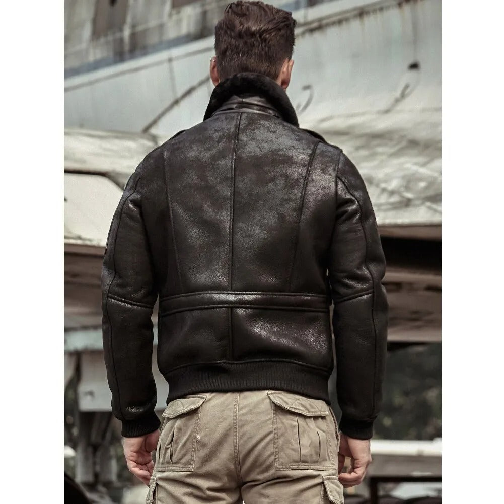 Men's Black Shearling Leather Jacket - Airforce Flight Coat