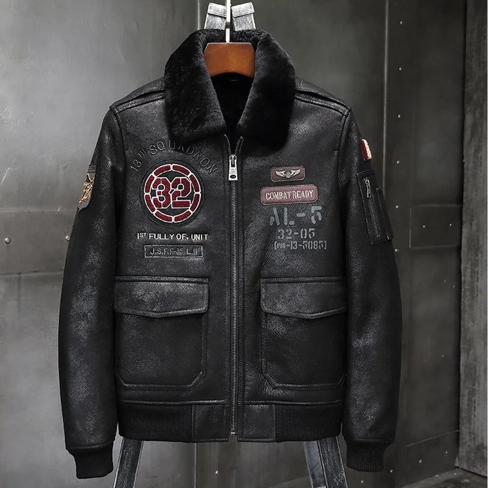 Men's Black Shearling Leather Jacket - Airforce Flight Coat