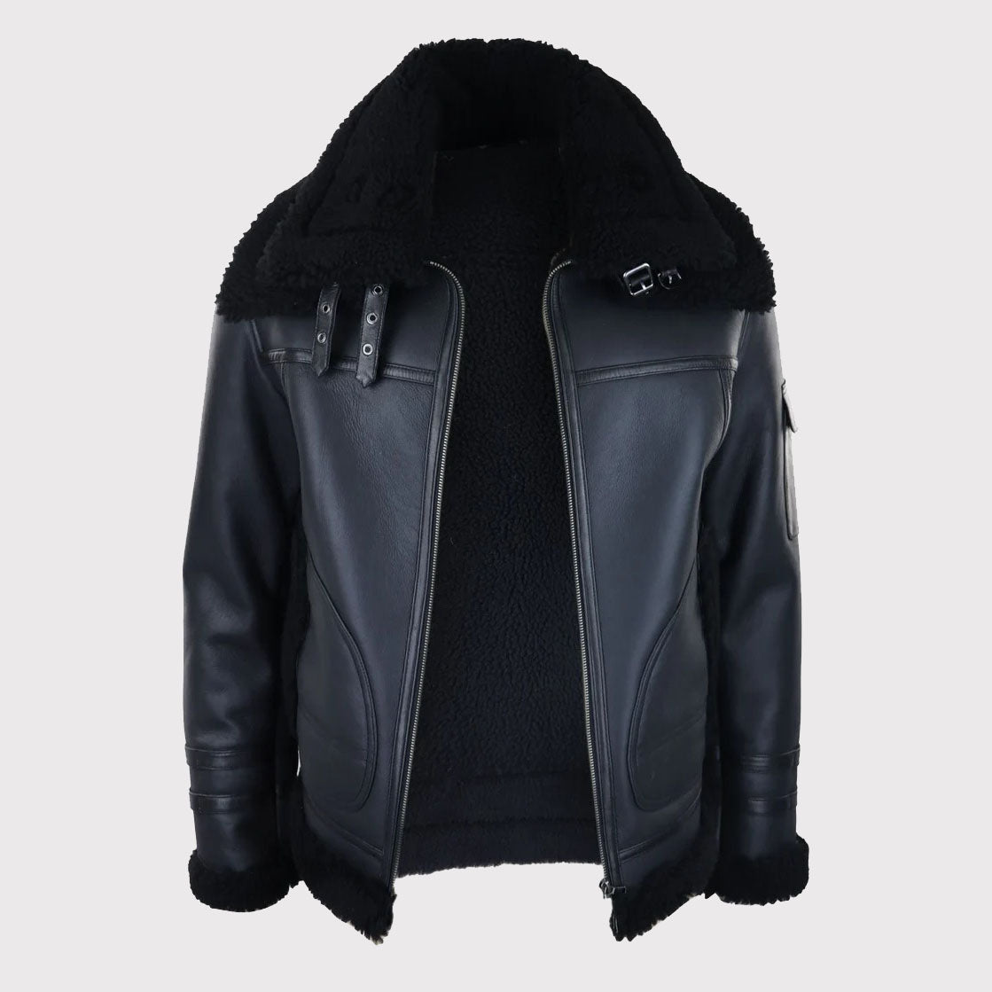 Men's Black Shearling Sheepskin Zipped Flying Jacket